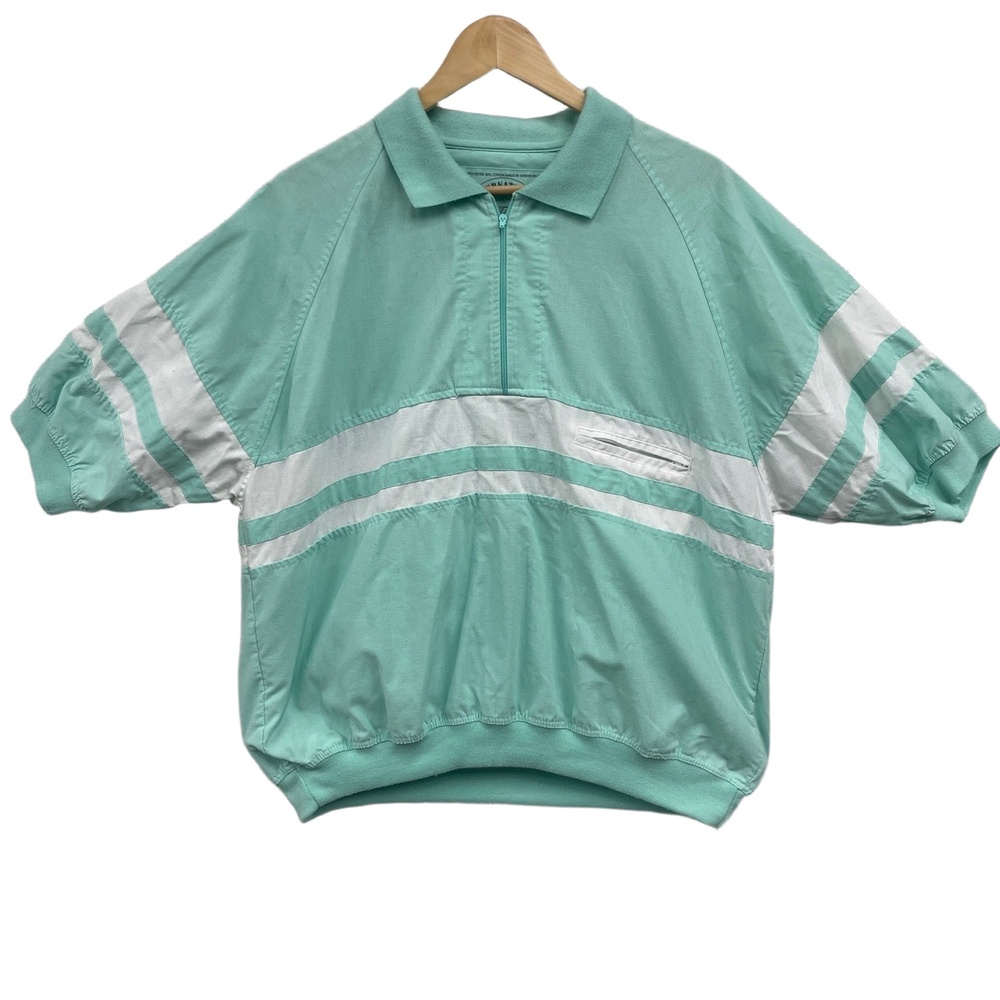 VINTAGE Claybrooke Intl Mint Seafoam Stripe Short Sleeve zip Polo Shirt L‎ RARE